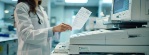 Health care provider holding a document received from a HIPAA fax solution