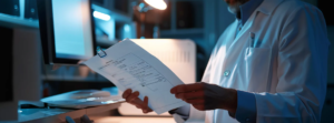 Health care provider in a white coat reviewing to send through HIPAA fax software