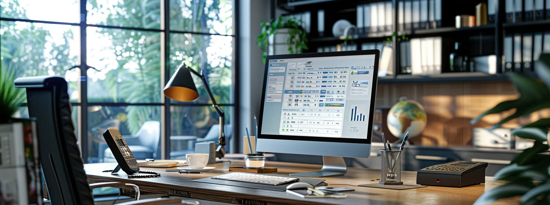 A computer monitor featuring faxing software rests on a desk, positioned in front of a window with daylight streaming in.
